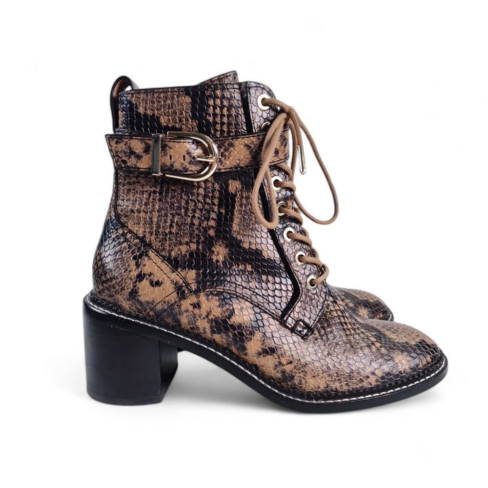 Joie Rasta Leather Snakeskin Combat Boots 37.5 7.5 Lace Up Block Heel Buckle